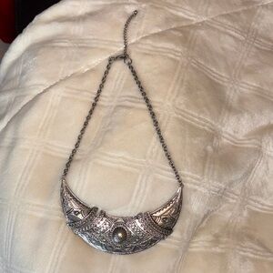 Intricate Silver Color Crescent Half Moon Boho Necklace Moroccan Style